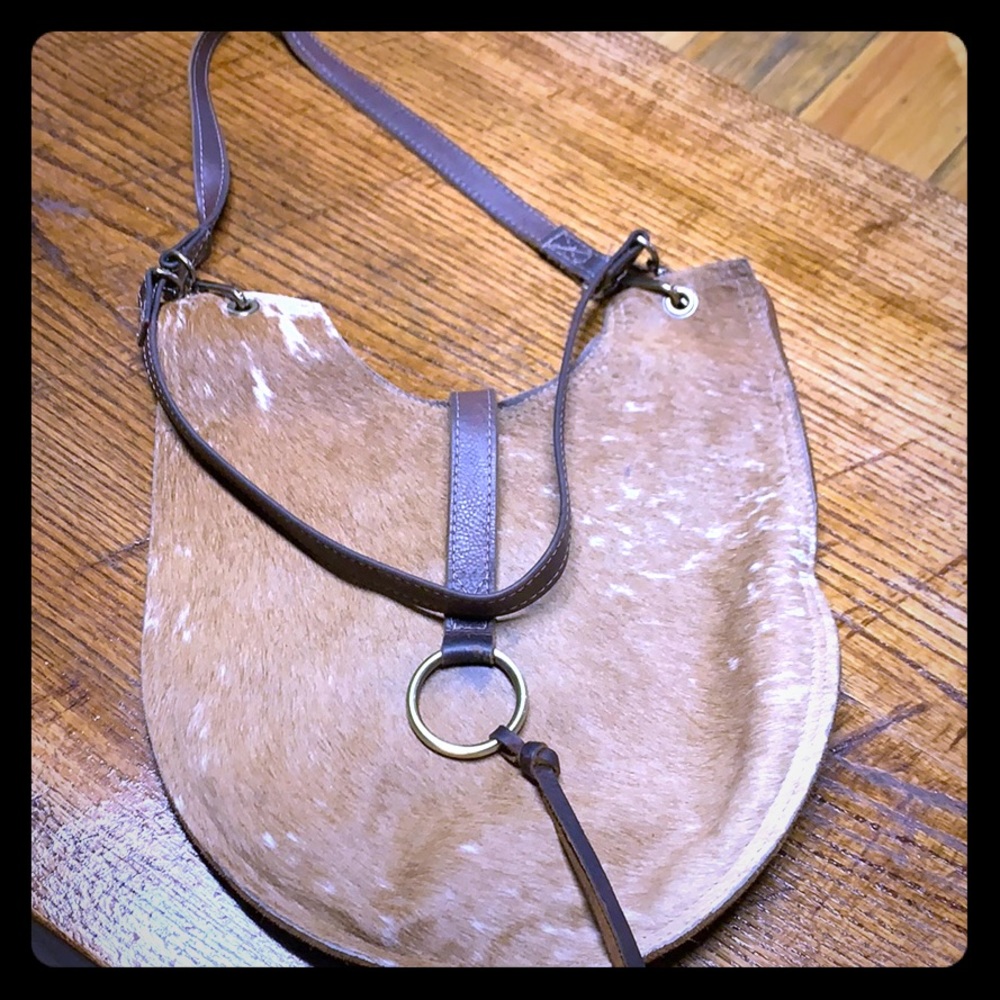 Canoe Tan Haircalf Leather Crossbody Bag with Ring Accent